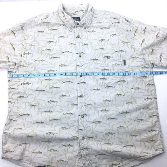 Woolrich Men's Camp Shirt Tan Fish Print Button Front Short Sleeves Casual XL - Picture 5 of 9